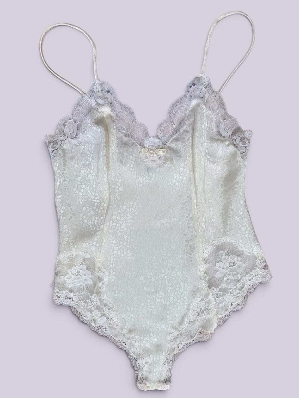Vintage Christian Dior Teddy Petite Ivory Floral Jacquard Lace Bodysuit USA S 36